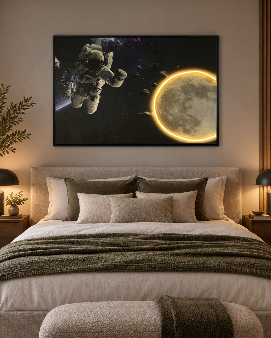 Beyond Infinity astronaut and moon LED wall art above a bed in a bedroom