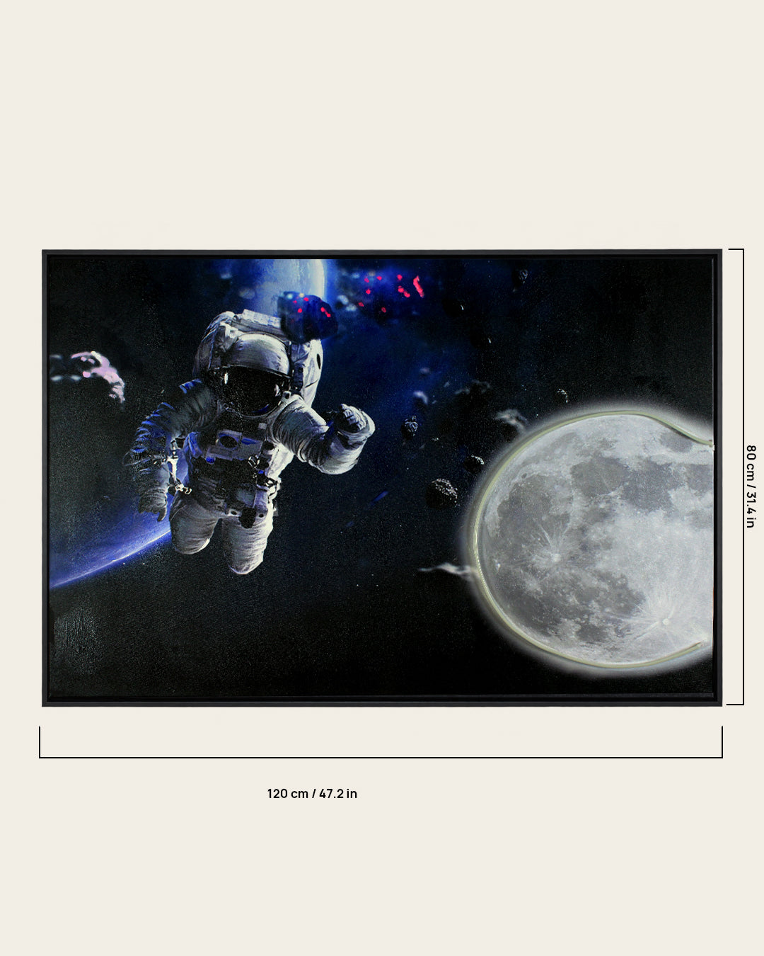 Beyond Infinity astronaut and moon LED wall art with dimensions