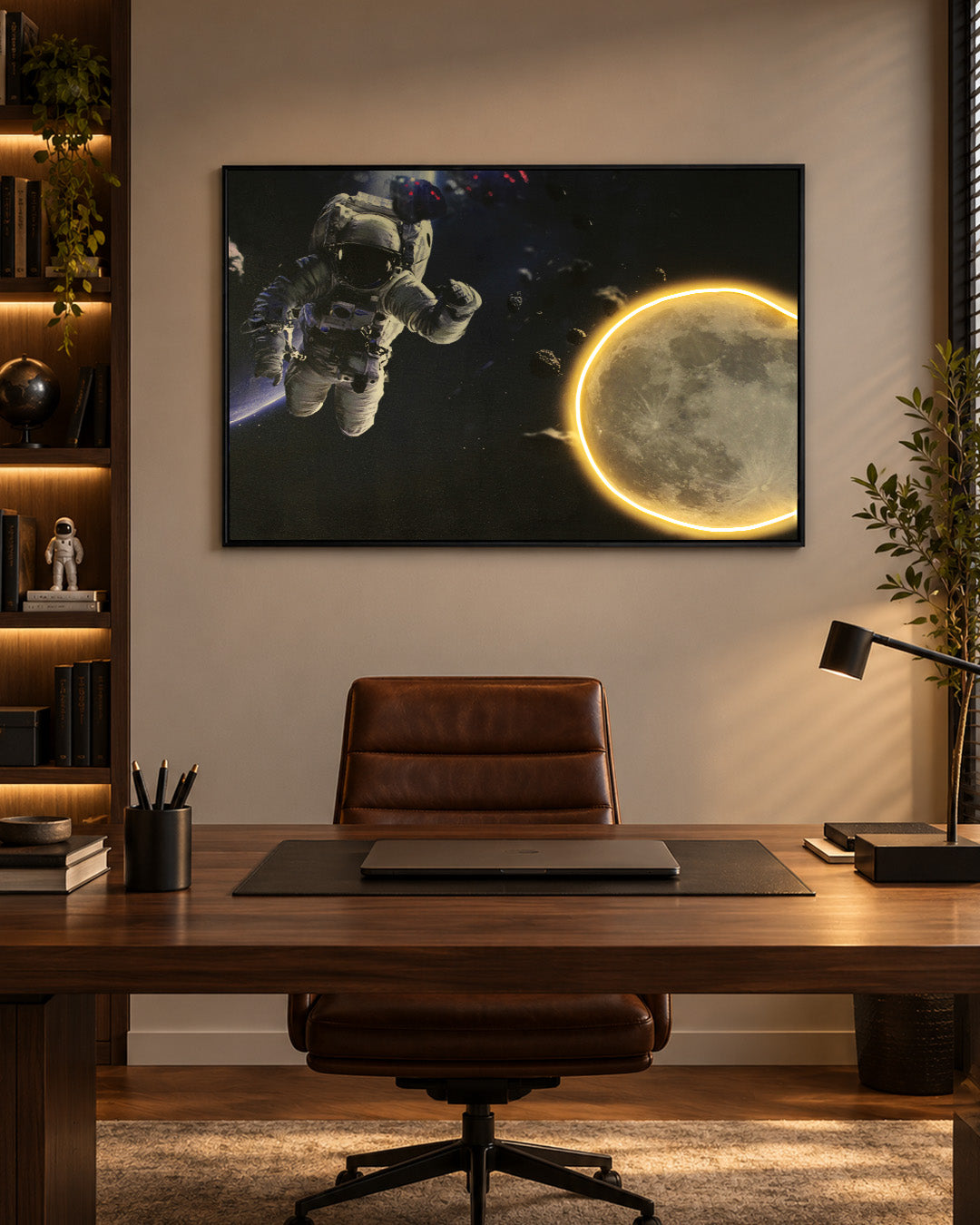Beyond Infinity astronaut and moon LED wall art in a home office