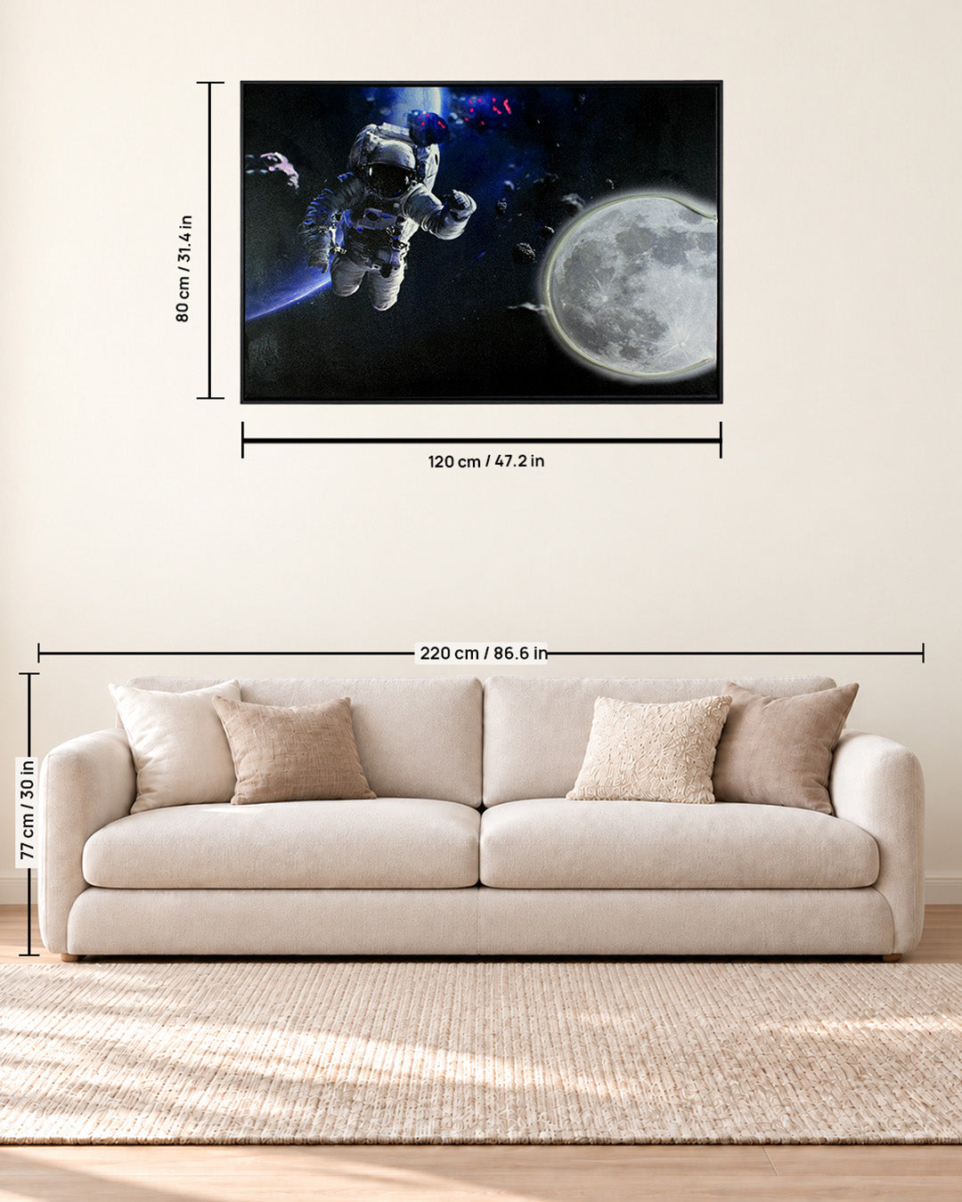 Beyond Infinity astronaut and moon LED wall art size guide above a sofa