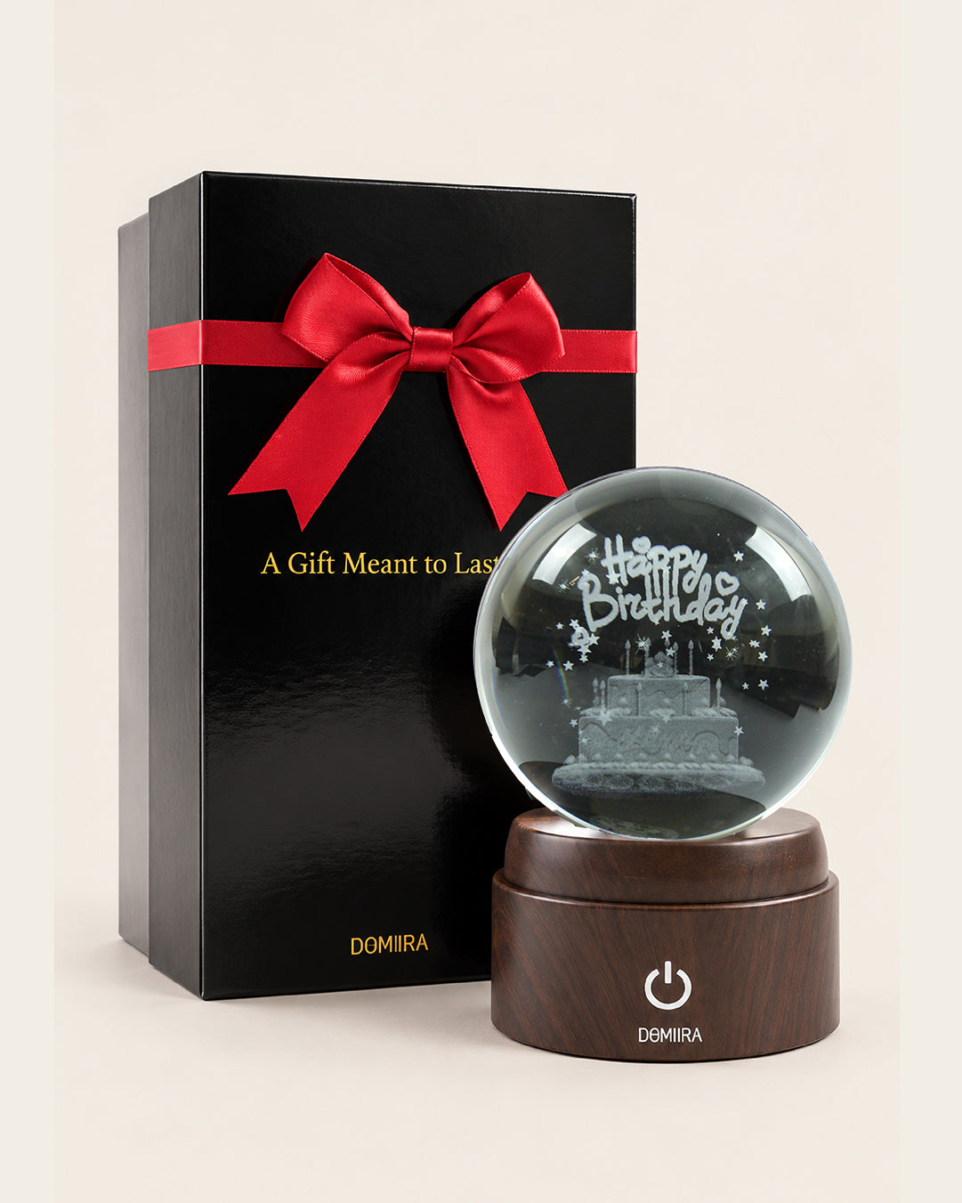 Birthday Wishes crystal globe beside its ribbon-finished gift box