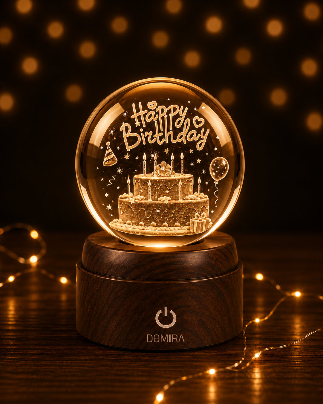 Birthday Wishes crystal globe glowing warm amber