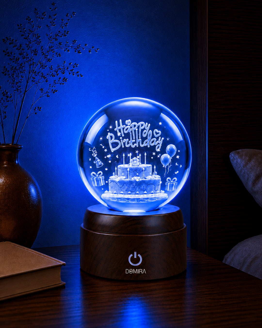 Birthday Wishes crystal globe glowing blue