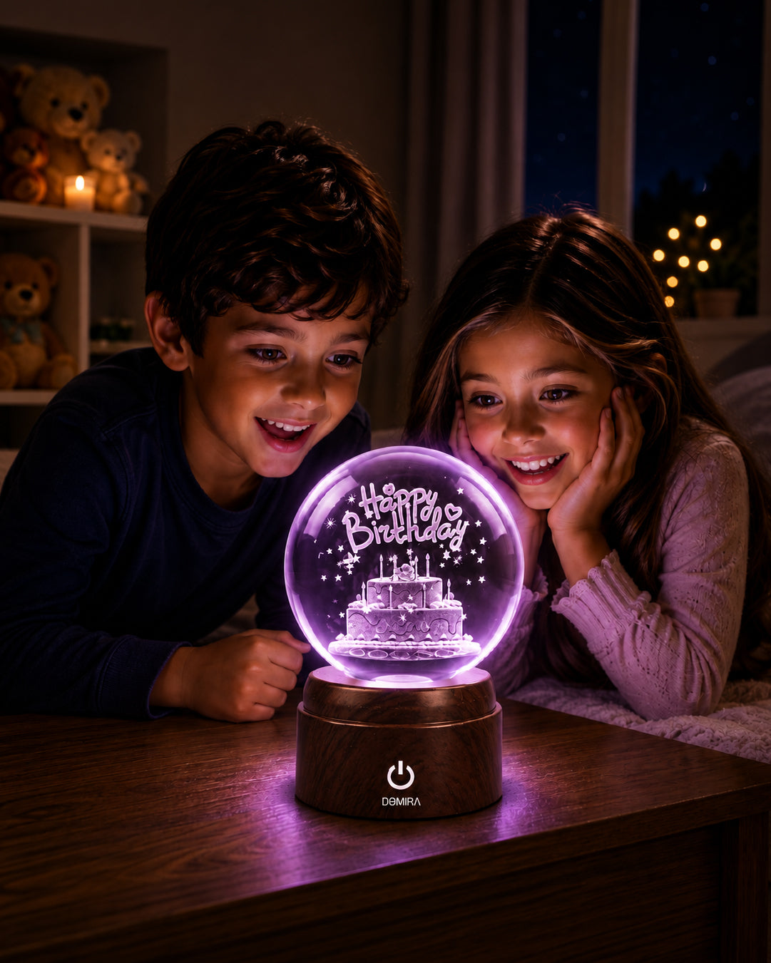 Two children admiring the Birthday Wishes crystal globe
