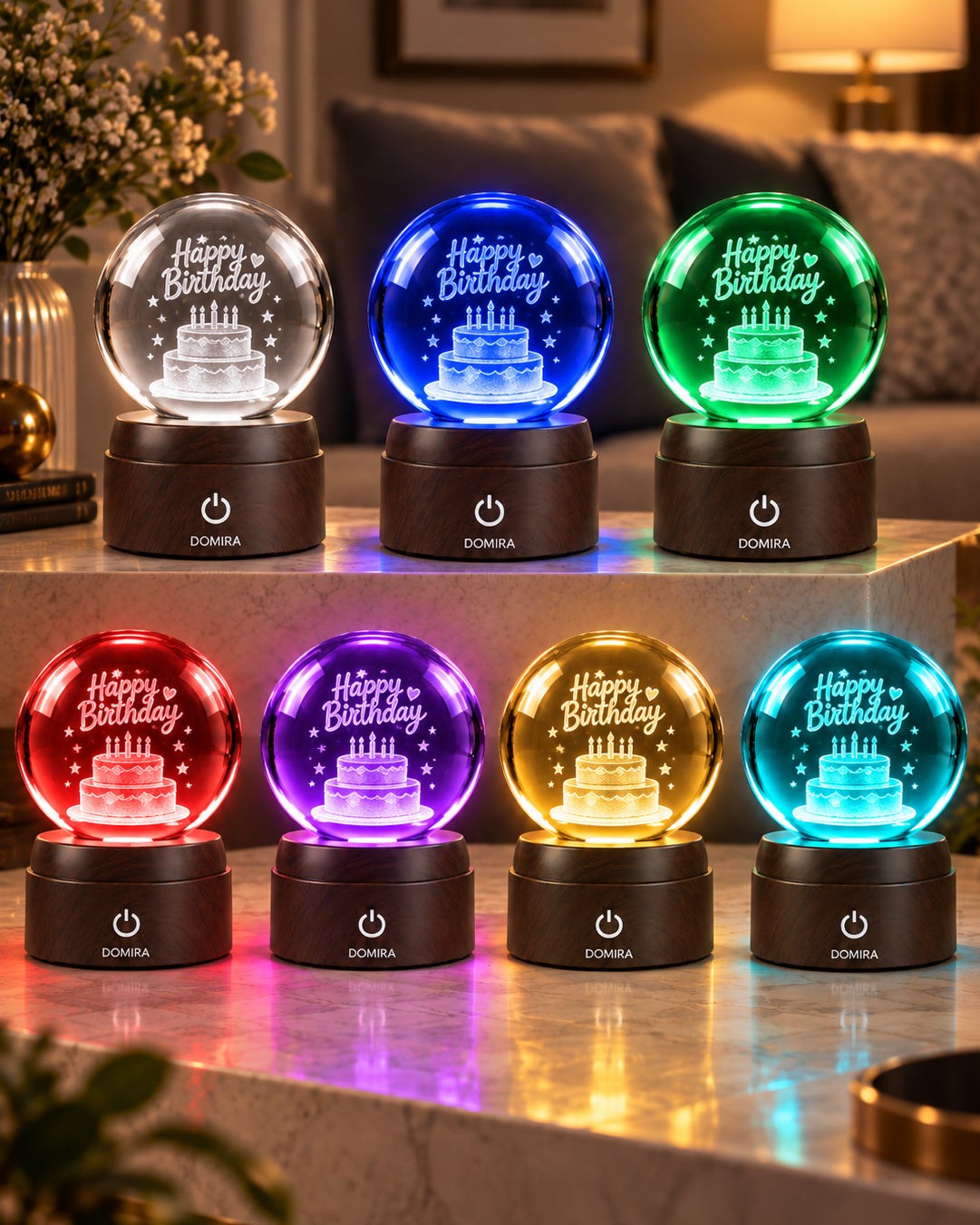 Birthday Wishes crystal globe shown in seven LED colours