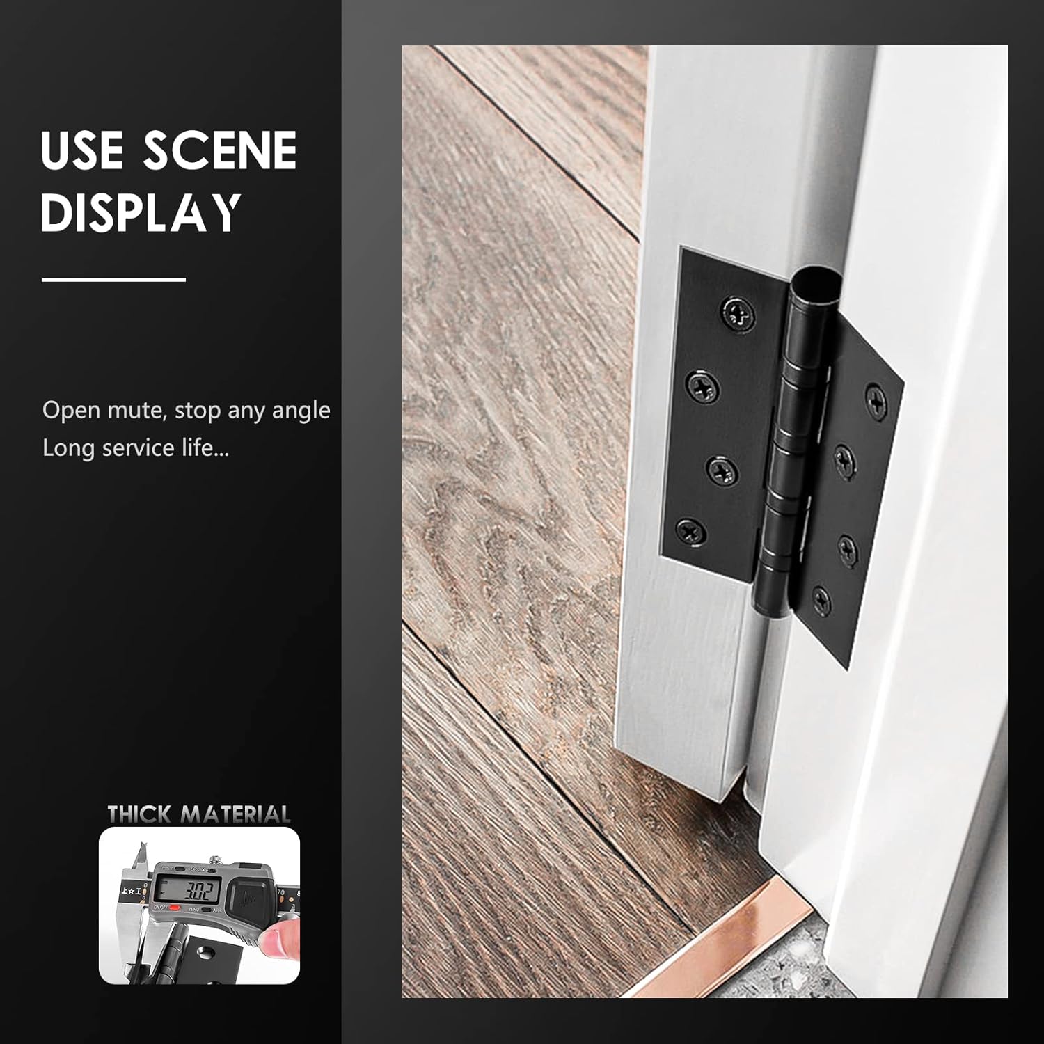 Black 4 inch door hinges installed on a wooden door