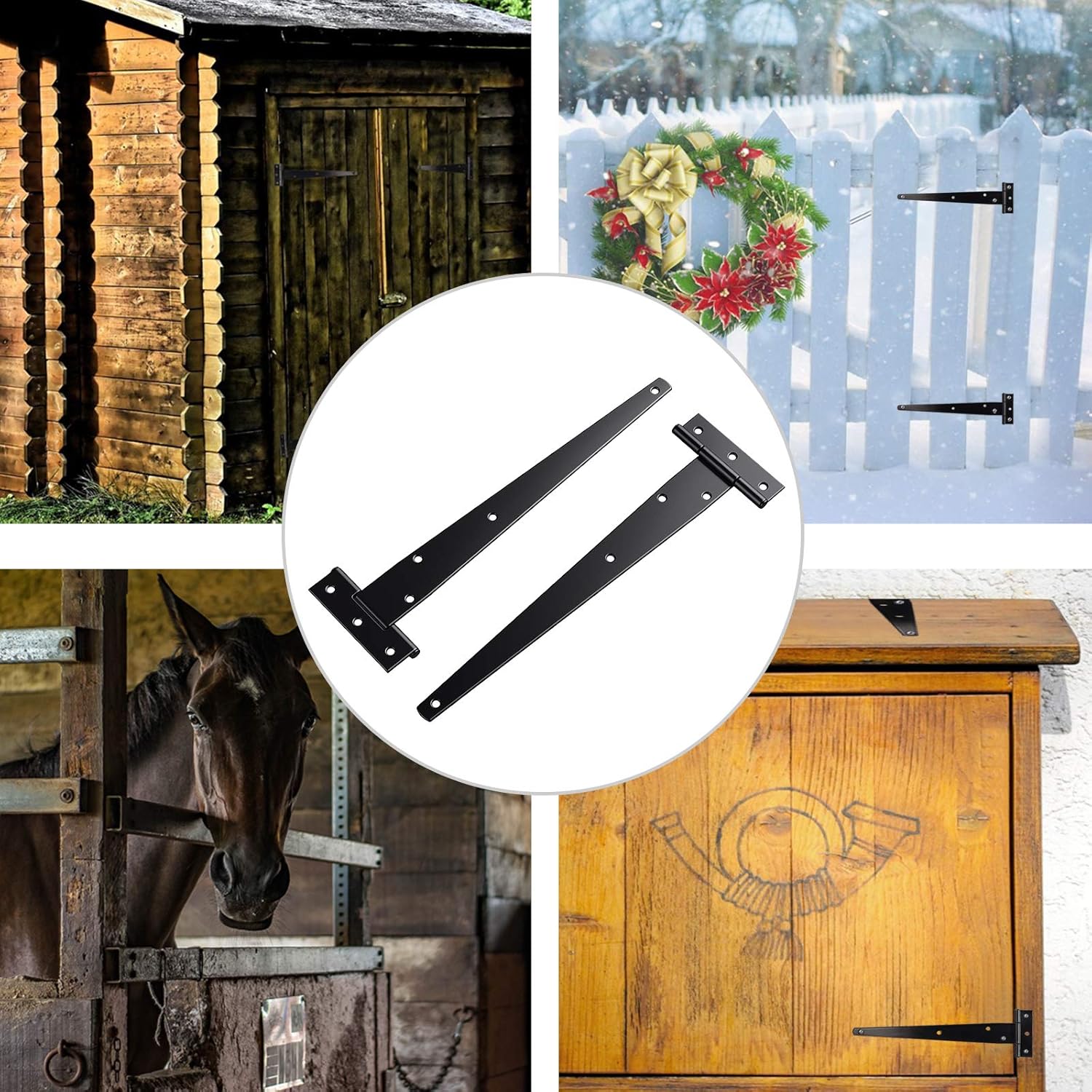 Black t hinges installed on a wooden gate