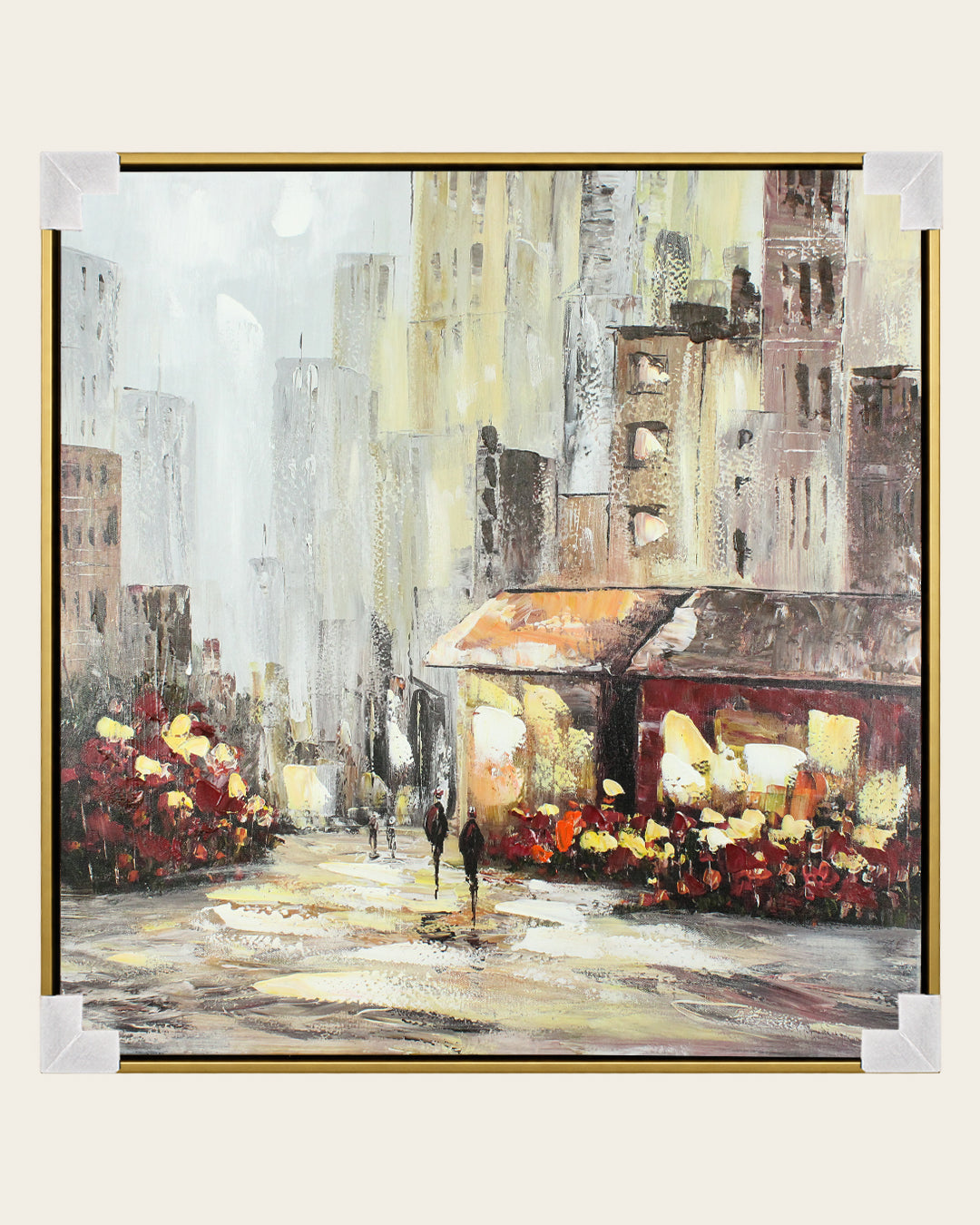 Blooming Boulevard city street flower market wall art with corner protectors for delivery