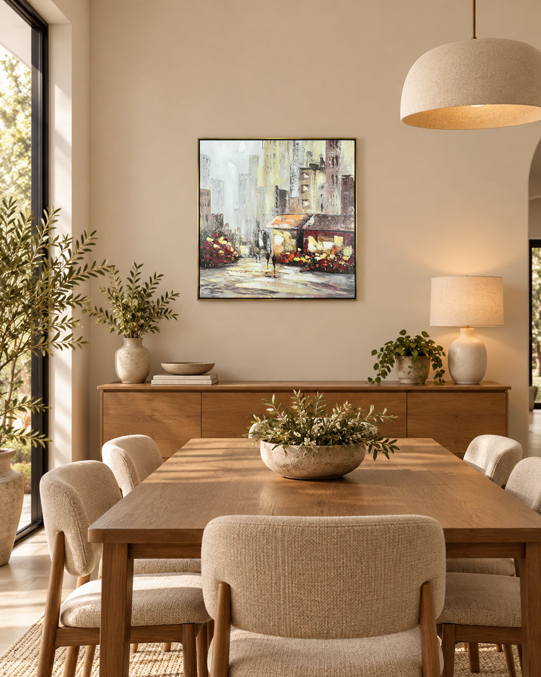 Blooming Boulevard city street flower market wall art above a dining table