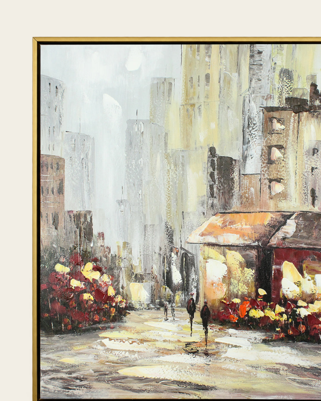Blooming Boulevard city street flower market wall art gold and black frame corner detail