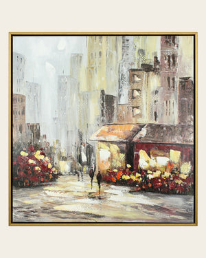 Blooming Boulevard city street flower market wall art front view in a gold and black frame