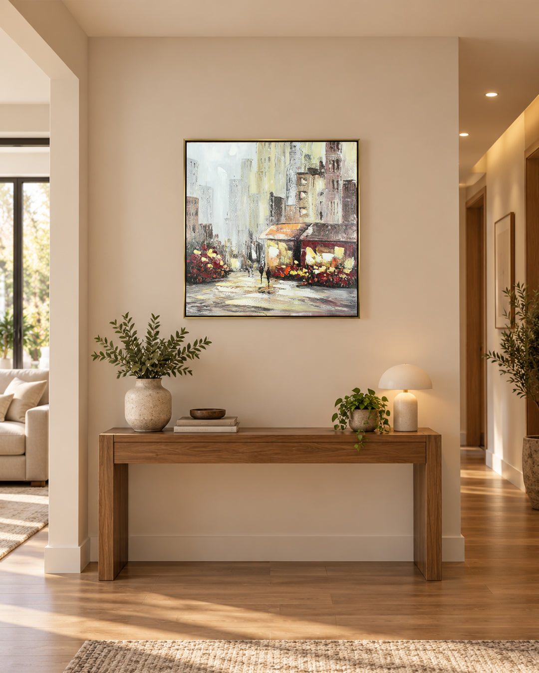 Blooming Boulevard city street flower market wall art above a console table in a hallway