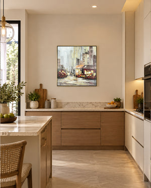 Blooming Boulevard city street flower market wall art in a kitchen above the counter