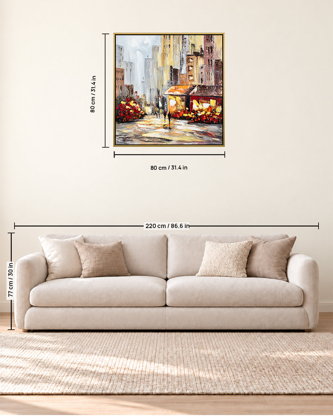 Blooming Boulevard city street flower market wall art size guide above a sofa