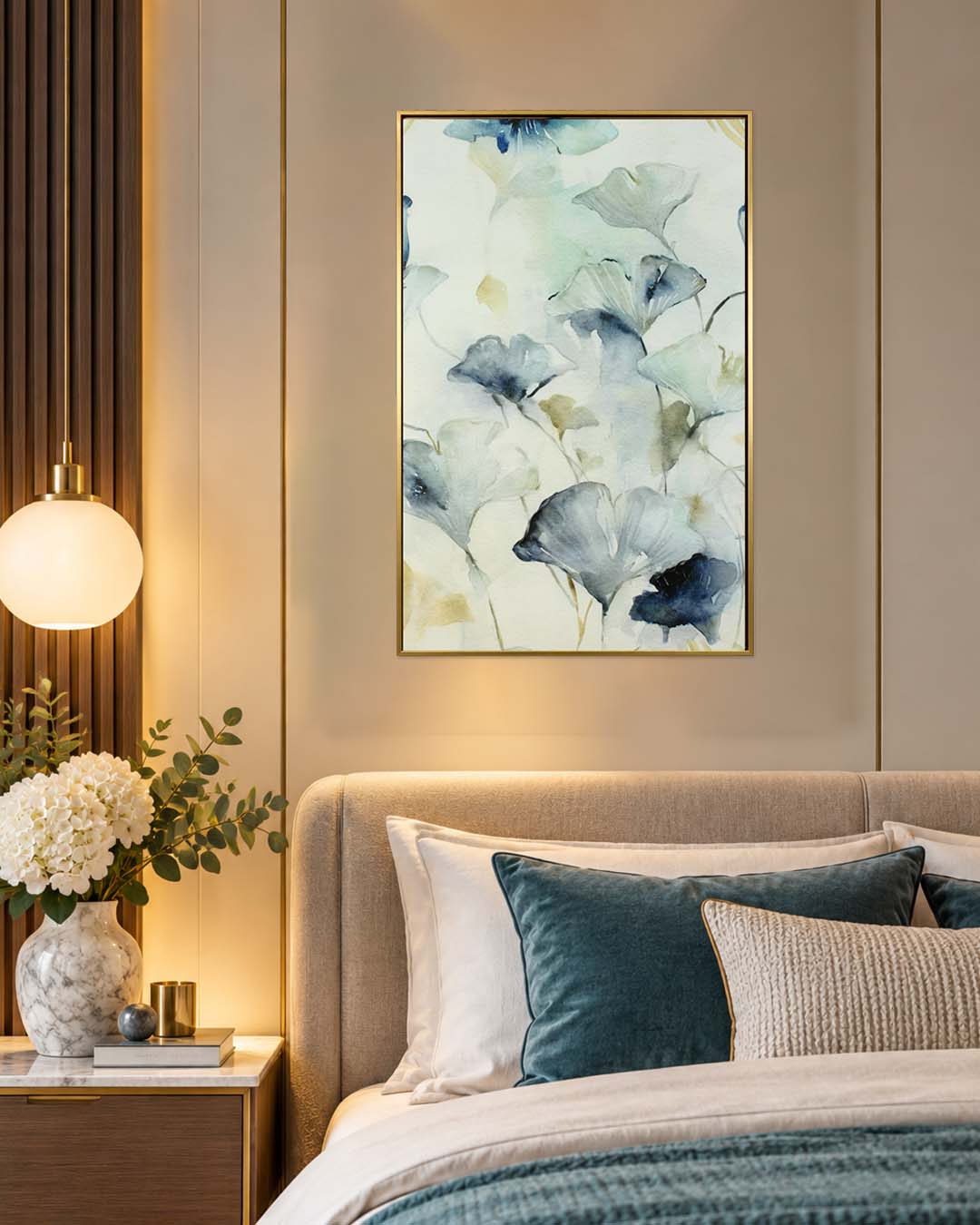 Blue Reverie ginkgo biloba wall art in a bedroom beside a bedside table