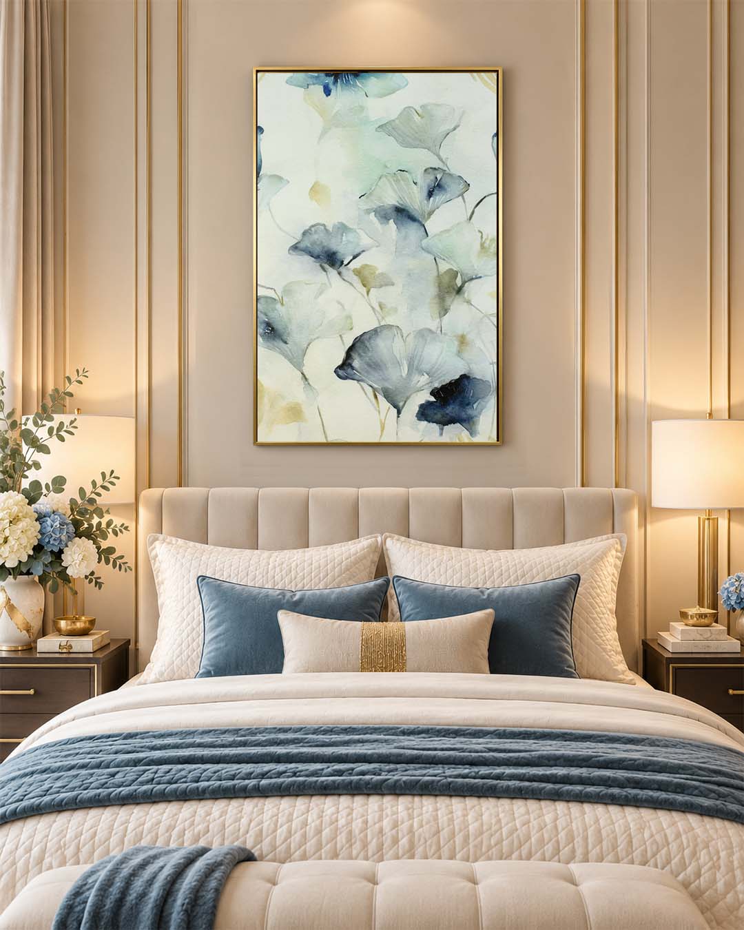 Blue Reverie ginkgo biloba wall art above a bed in a bedroom