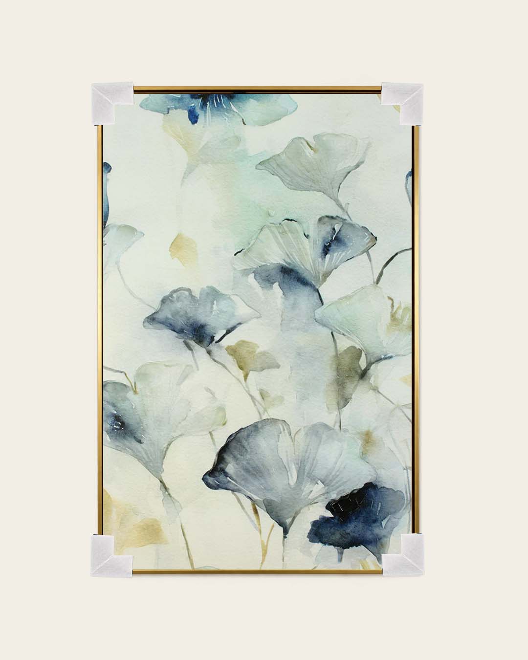 Blue Reverie ginkgo biloba wall art with corner protectors for delivery