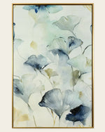 Blue Reverie ginkgo biloba wall art front view in a gold and black frame