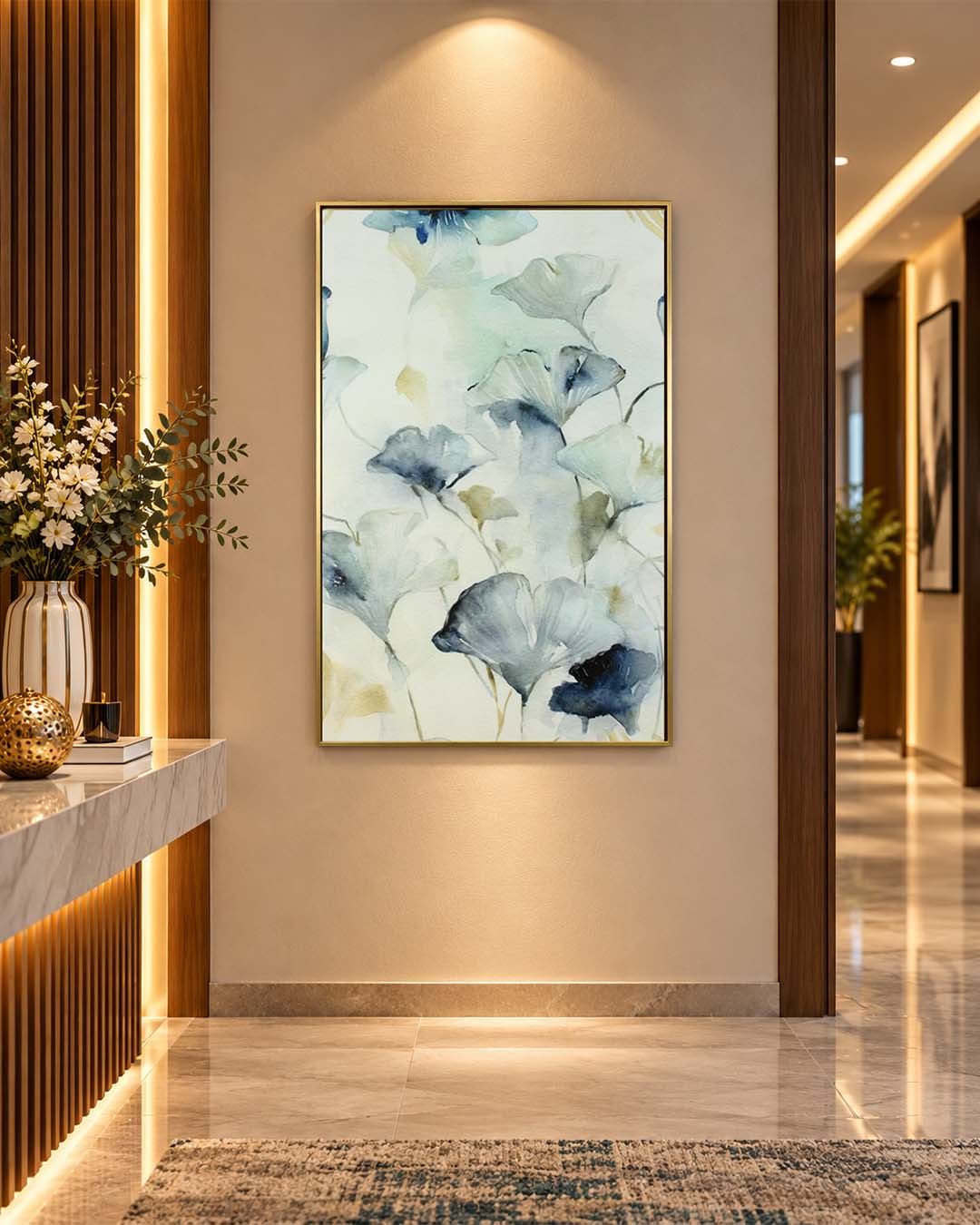 Blue Reverie ginkgo biloba wall art above a console table in a hallway