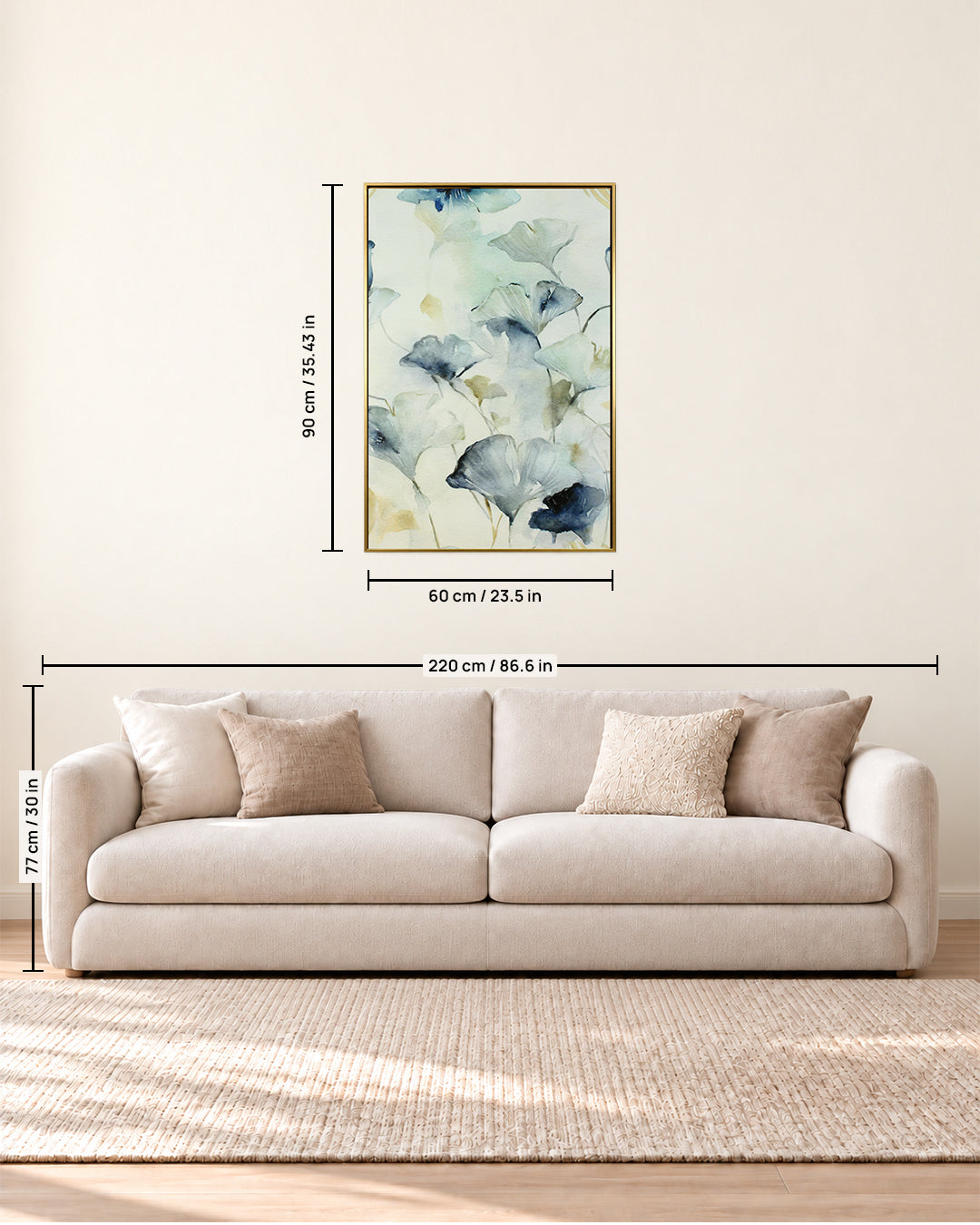 Blue Reverie ginkgo biloba wall art size guide above a sofa