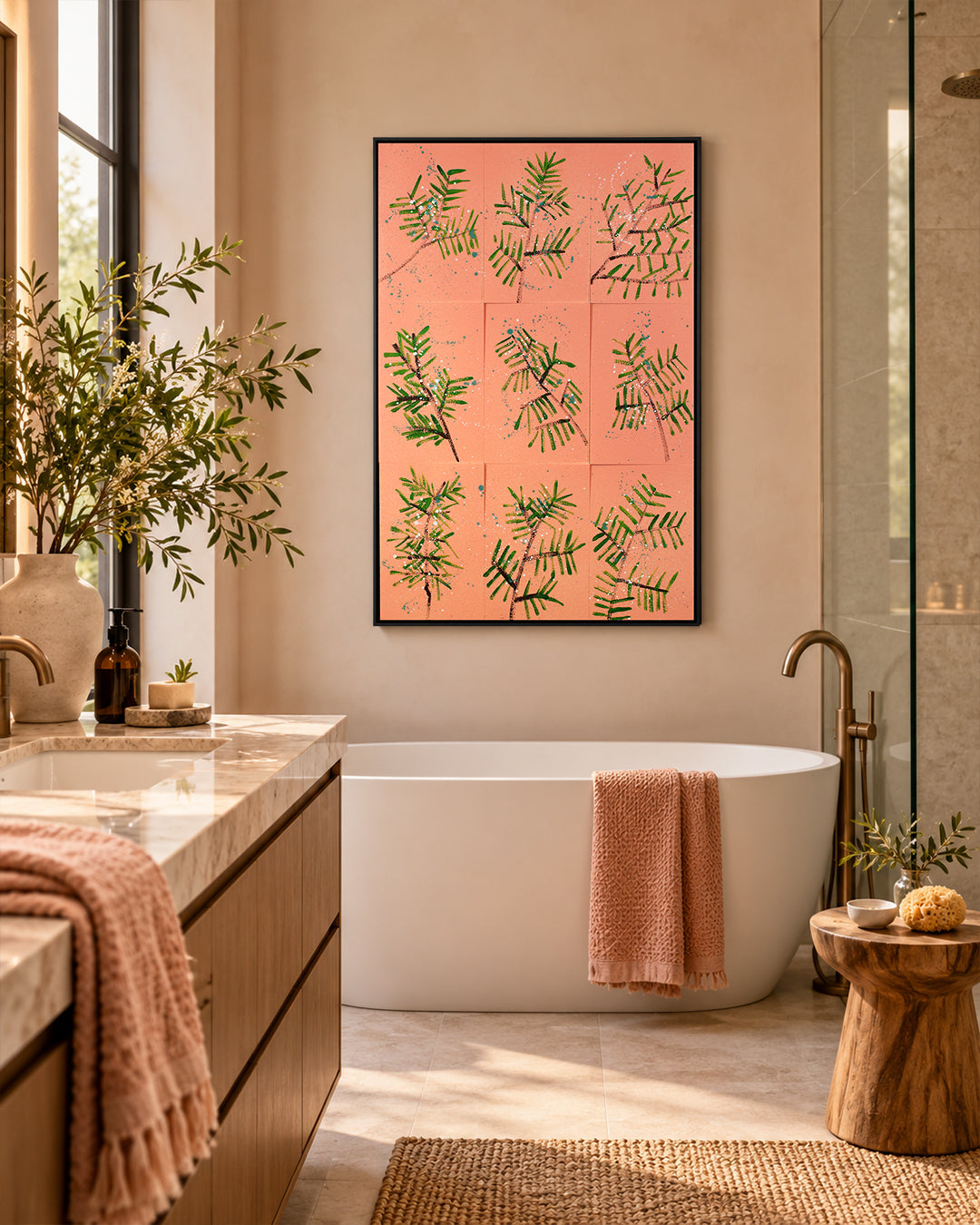 Blush Pine 3D pink leaf botanical wall art in a bathroom