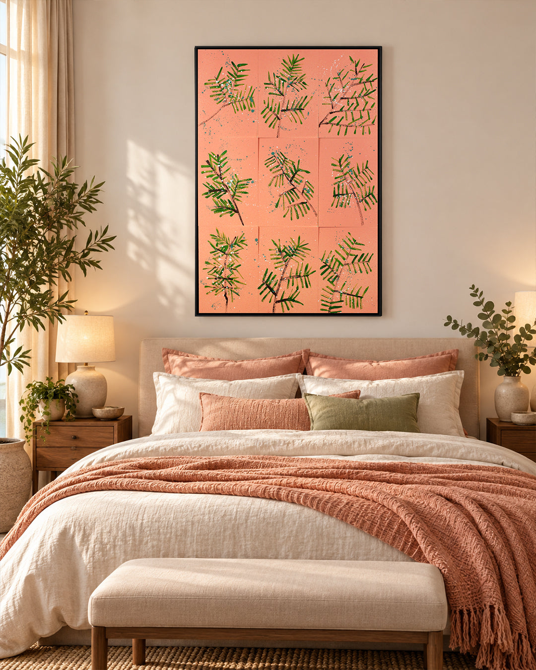 Blush Pine 3D pink leaf botanical wall art above a bed in a bedroom