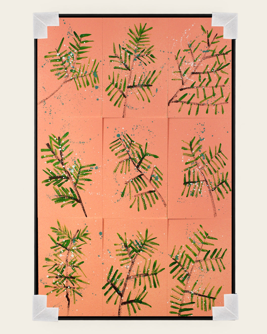 Blush Pine 3D pink leaf botanical wall art with corner protectors for delivery
