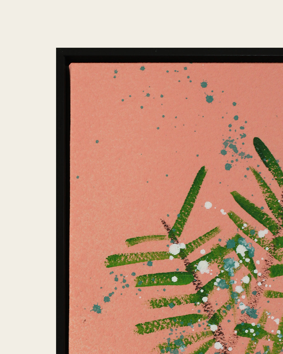 Blush Pine 3D pink leaf botanical wall art black frame corner detail