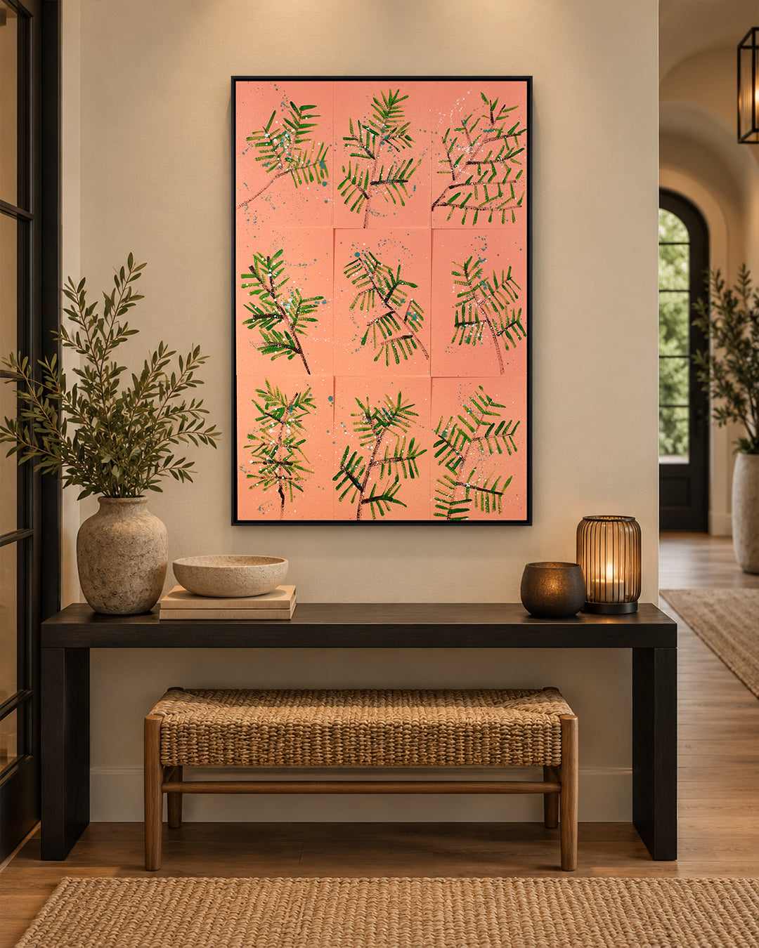 Blush Pine 3D pink leaf botanical wall art in a hallway above a console