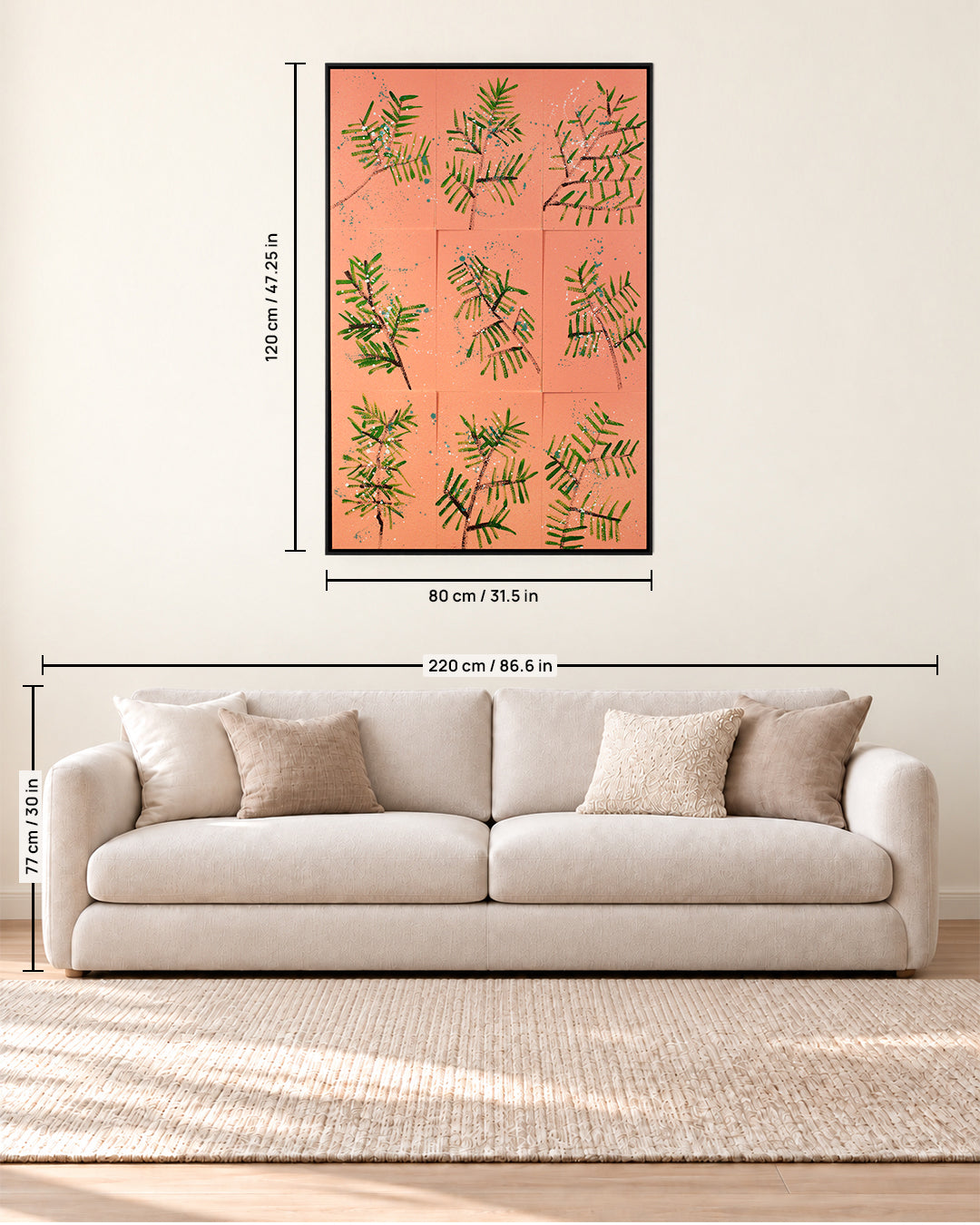Blush Pine 3D pink leaf botanical wall art size guide above a sofa