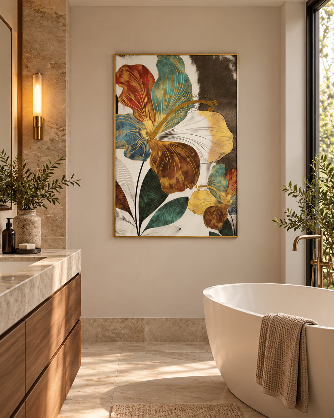 Botanical Muse teal and gold leaf glass wall art in a bathroom