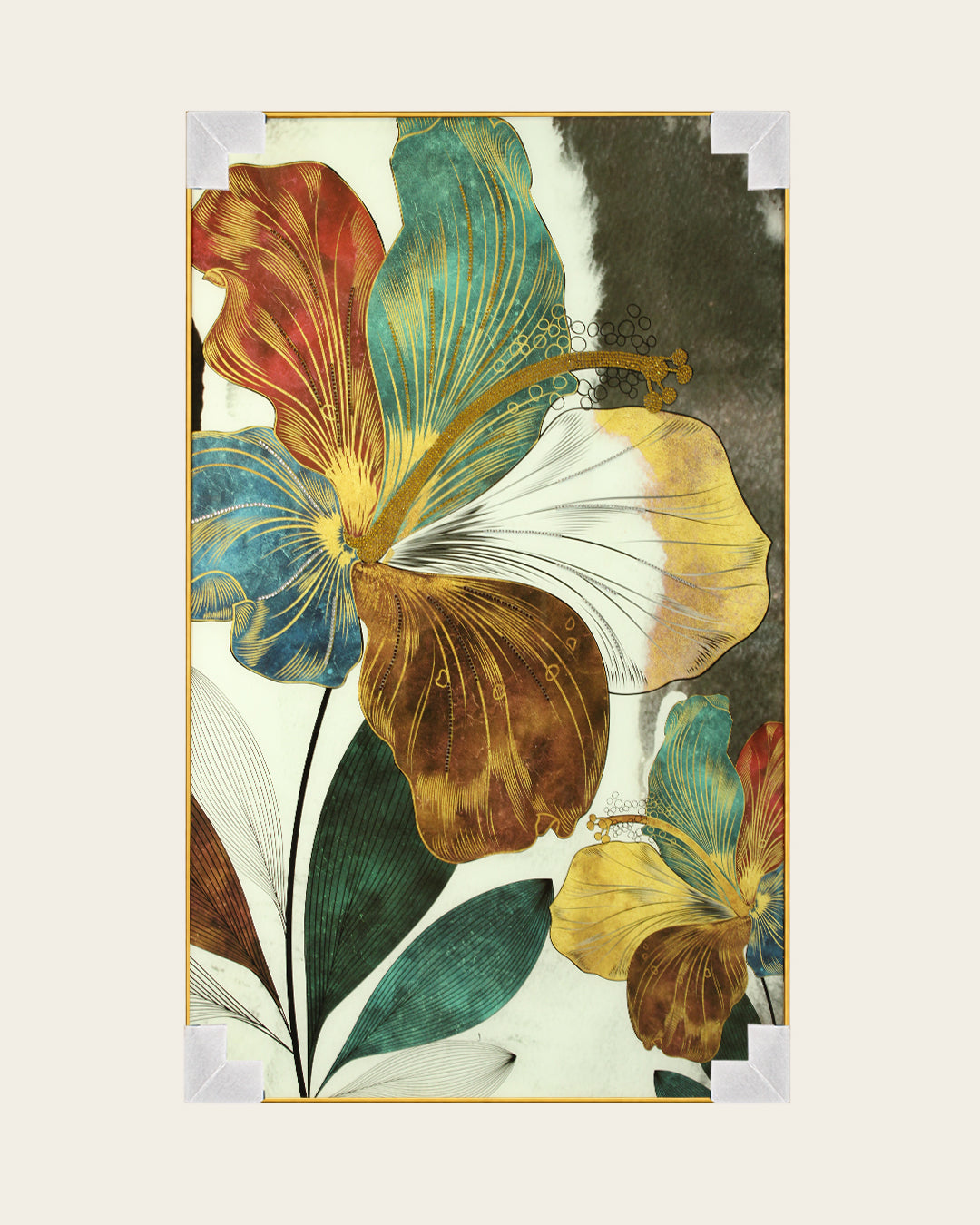 Botanical Muse teal and gold leaf glass wall art with corner protectors for delivery