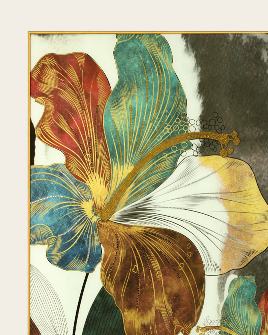 Botanical Muse teal and gold leaf glass wall art gold metal frame corner detail
