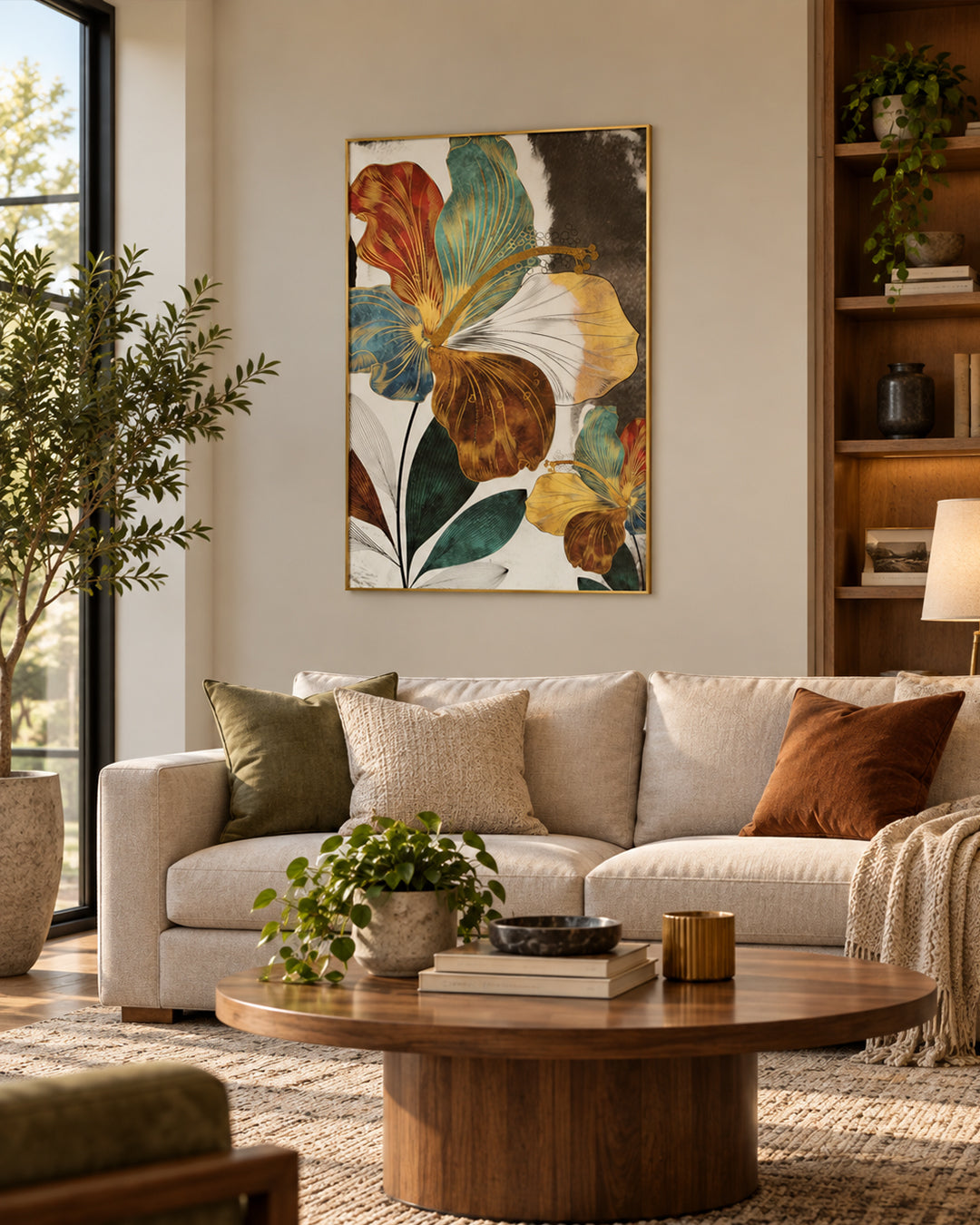 Botanical Muse teal and gold leaf glass wall art in a living room above a sofa