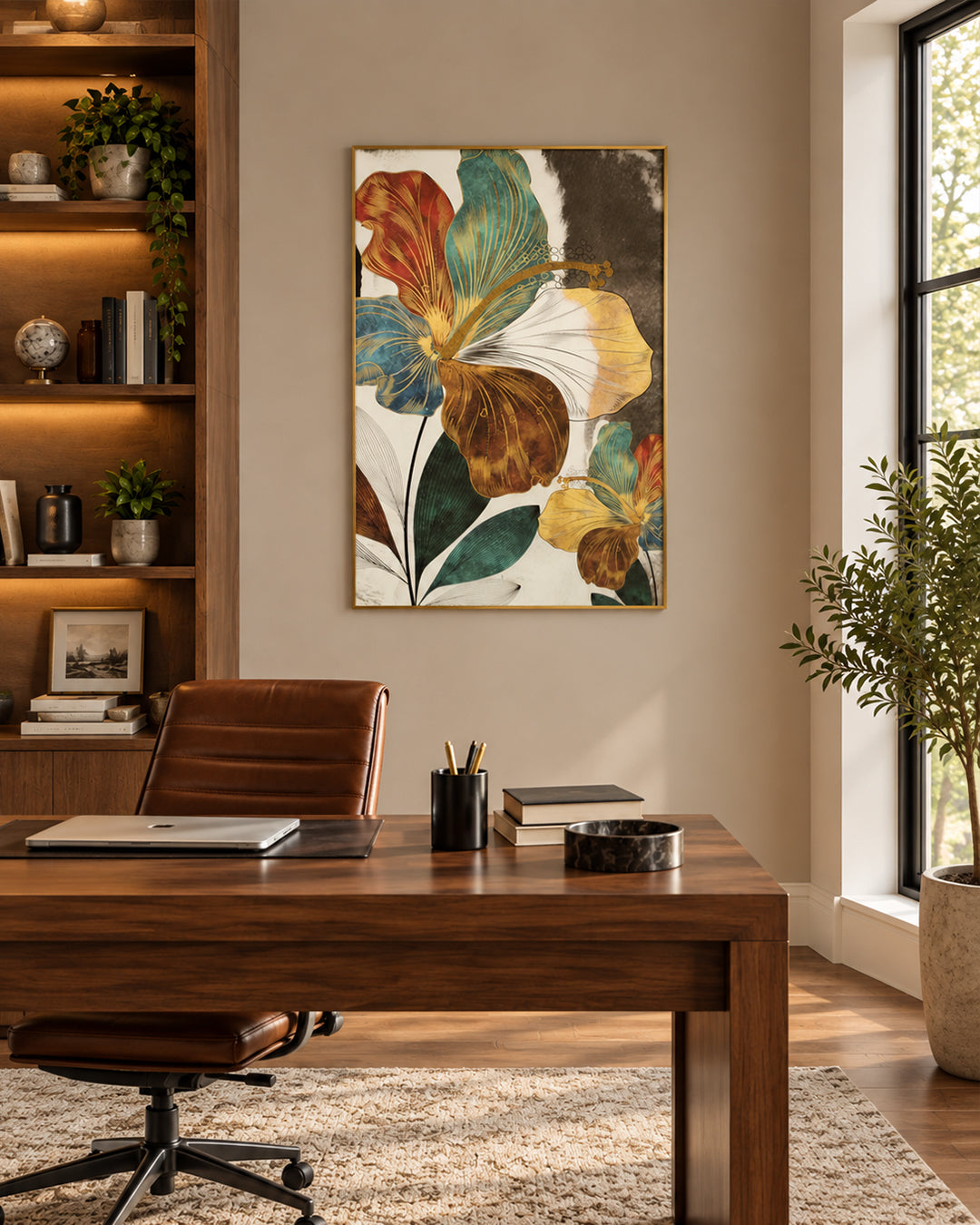 Botanical Muse teal and gold leaf glass wall art in a home office