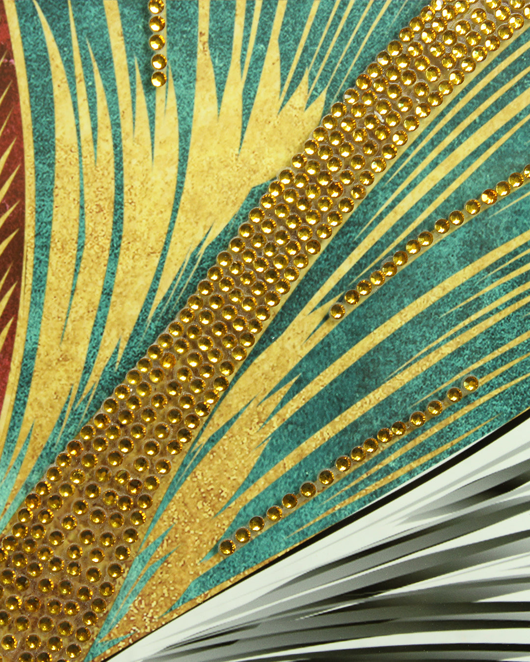 Botanical Muse teal and gold leaf glass wall art close-up of the gold leaf petals