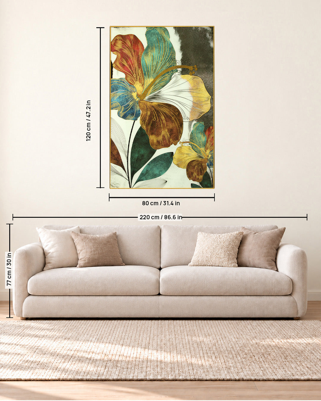 Botanical Muse teal and gold leaf glass wall art size guide above a sofa