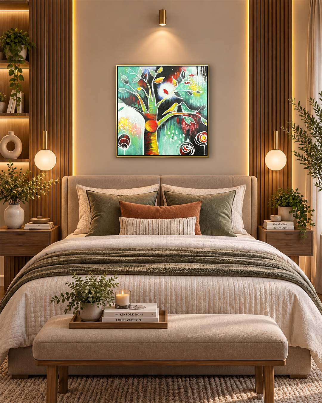 Brace in Bloom tree of life painting above a bed in a bedroom