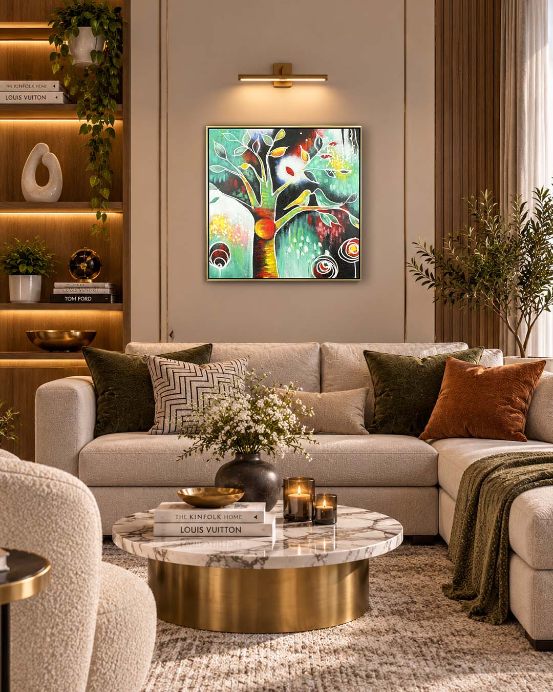 Brace in Bloom tree of life painting above a sofa in a living room