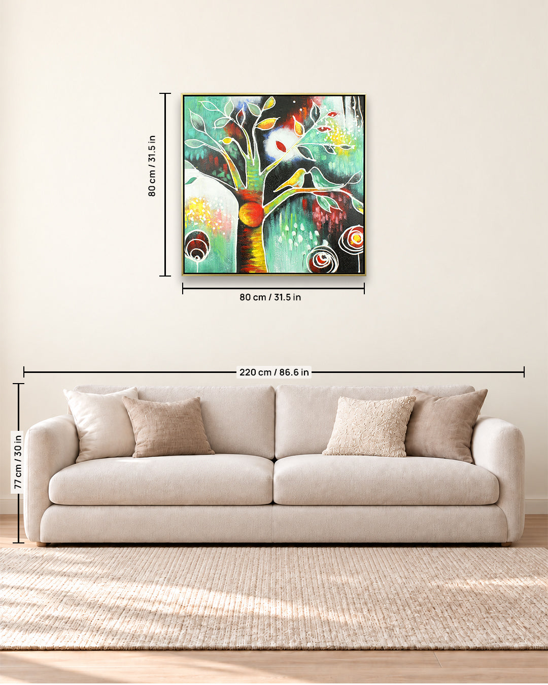 Brace in Bloom tree of life painting size guide above a sofa