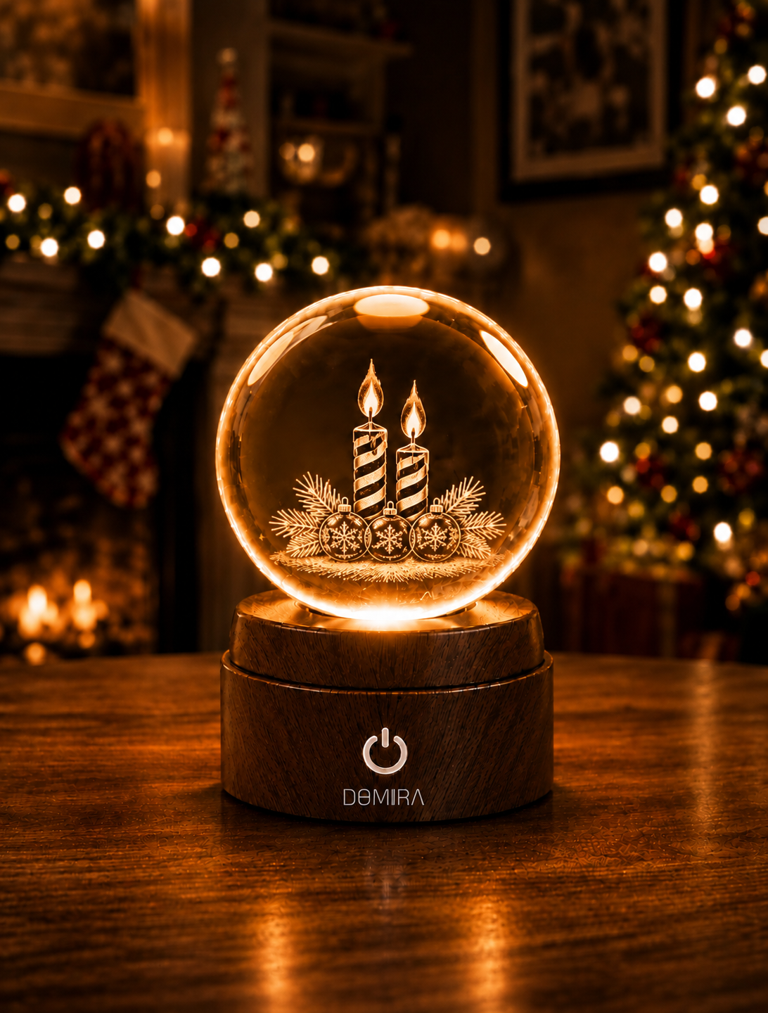Candlelit Christmas crystal globe glowing warm amber