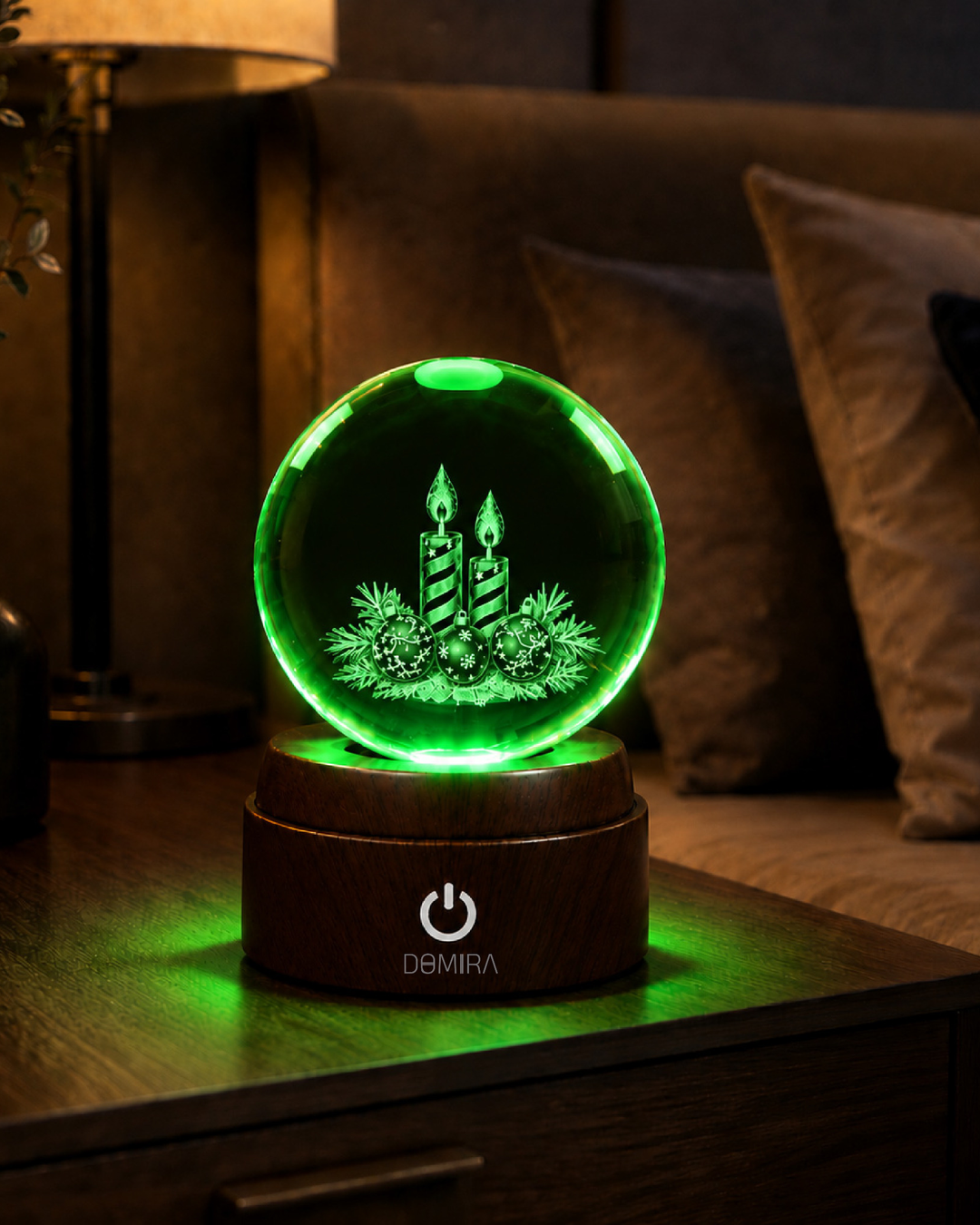 Candlelit Christmas crystal globe glowing green
