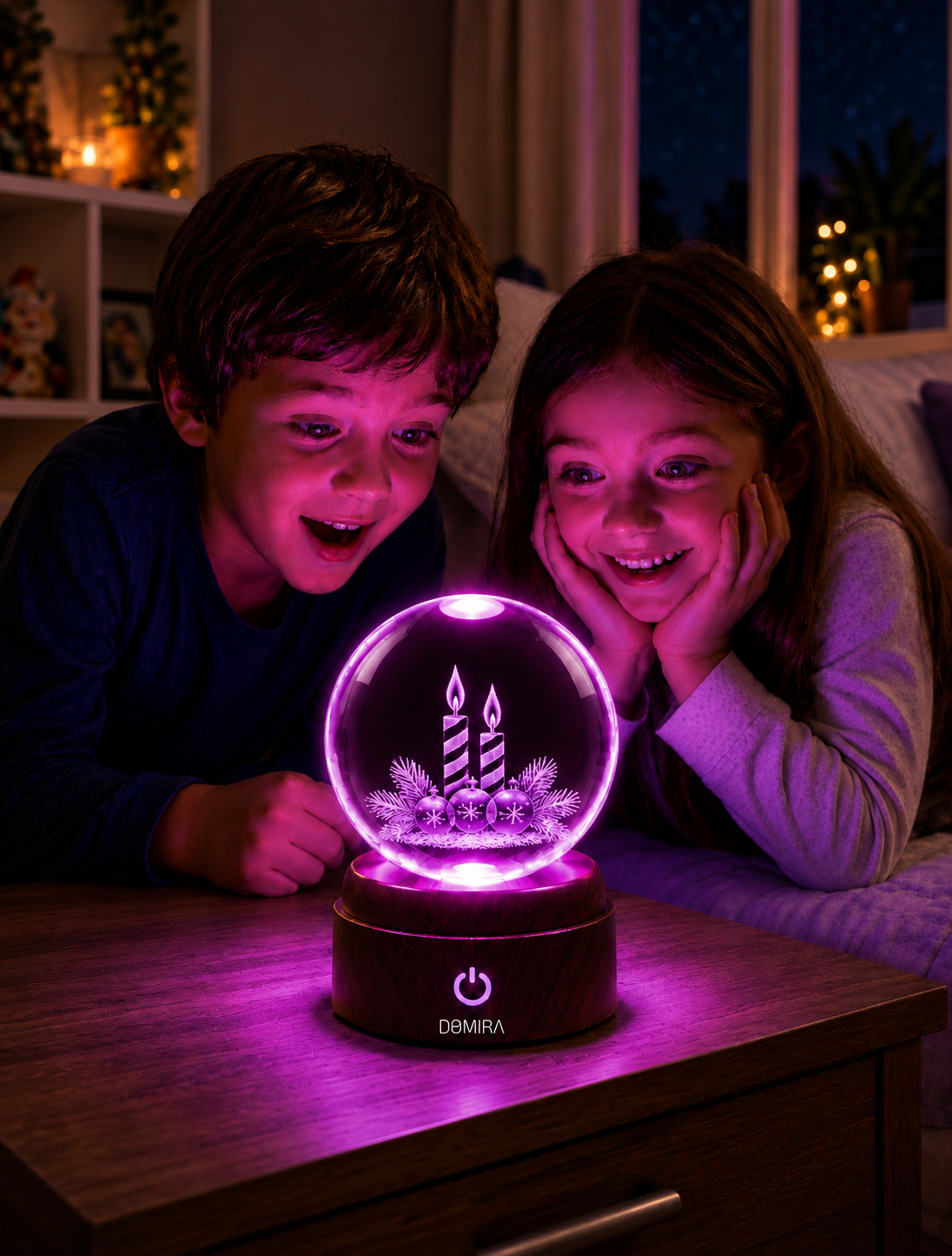 Two children admiring the Candlelit Christmas crystal globe