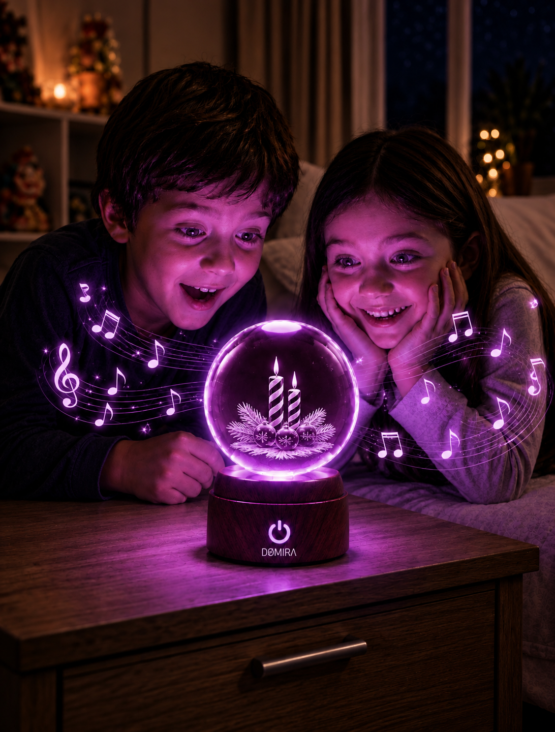 Two children enjoying the Candlelit Christmas crystal globe as the Christmas jingle plays
