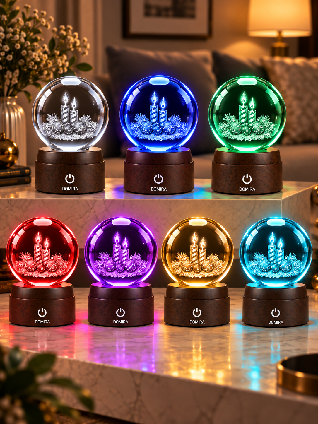 Candlelit Christmas crystal globe shown in seven LED colours