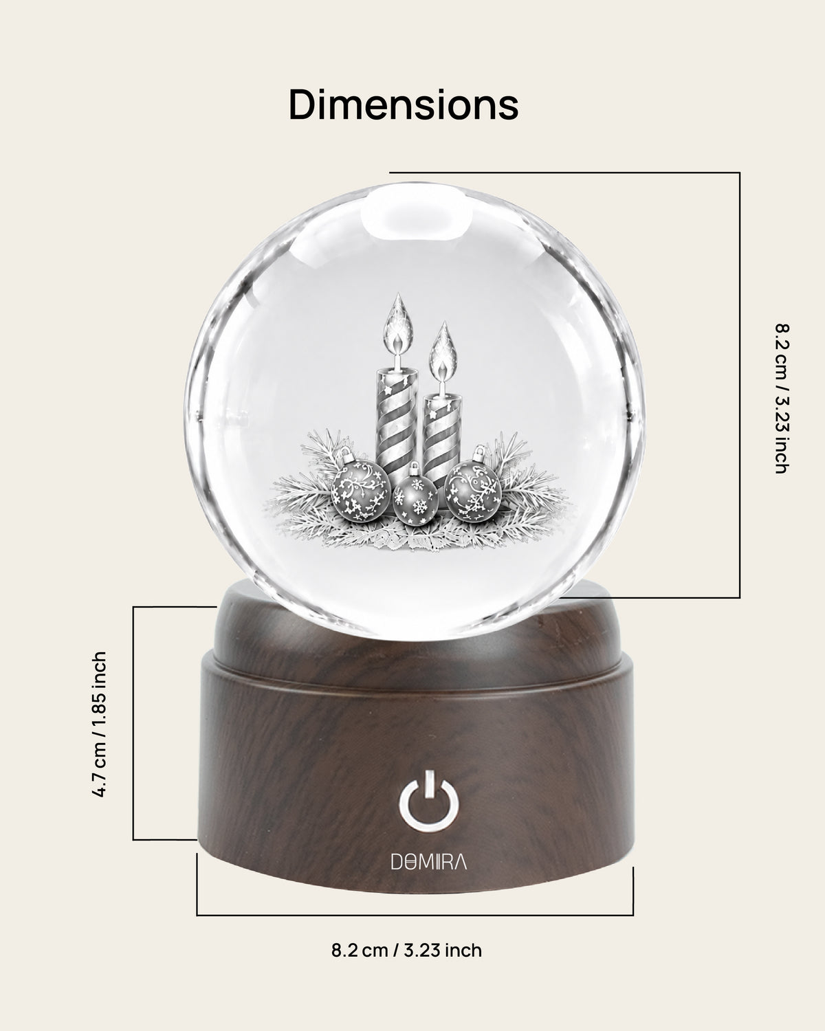Candlelit Christmas crystal globe dimensions: 8.2 cm globe on an 8.2 cm wide, 4.7 cm high base