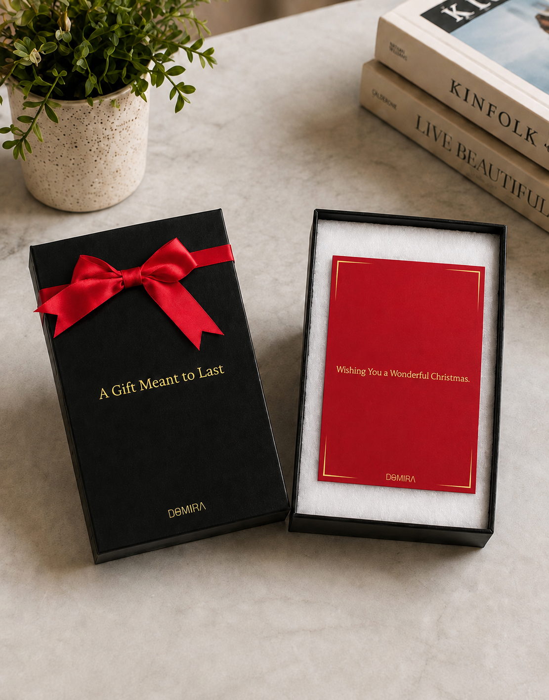 Candlelit Christmas crystal globe red-ribbon gift box with DOMIRA Christmas card