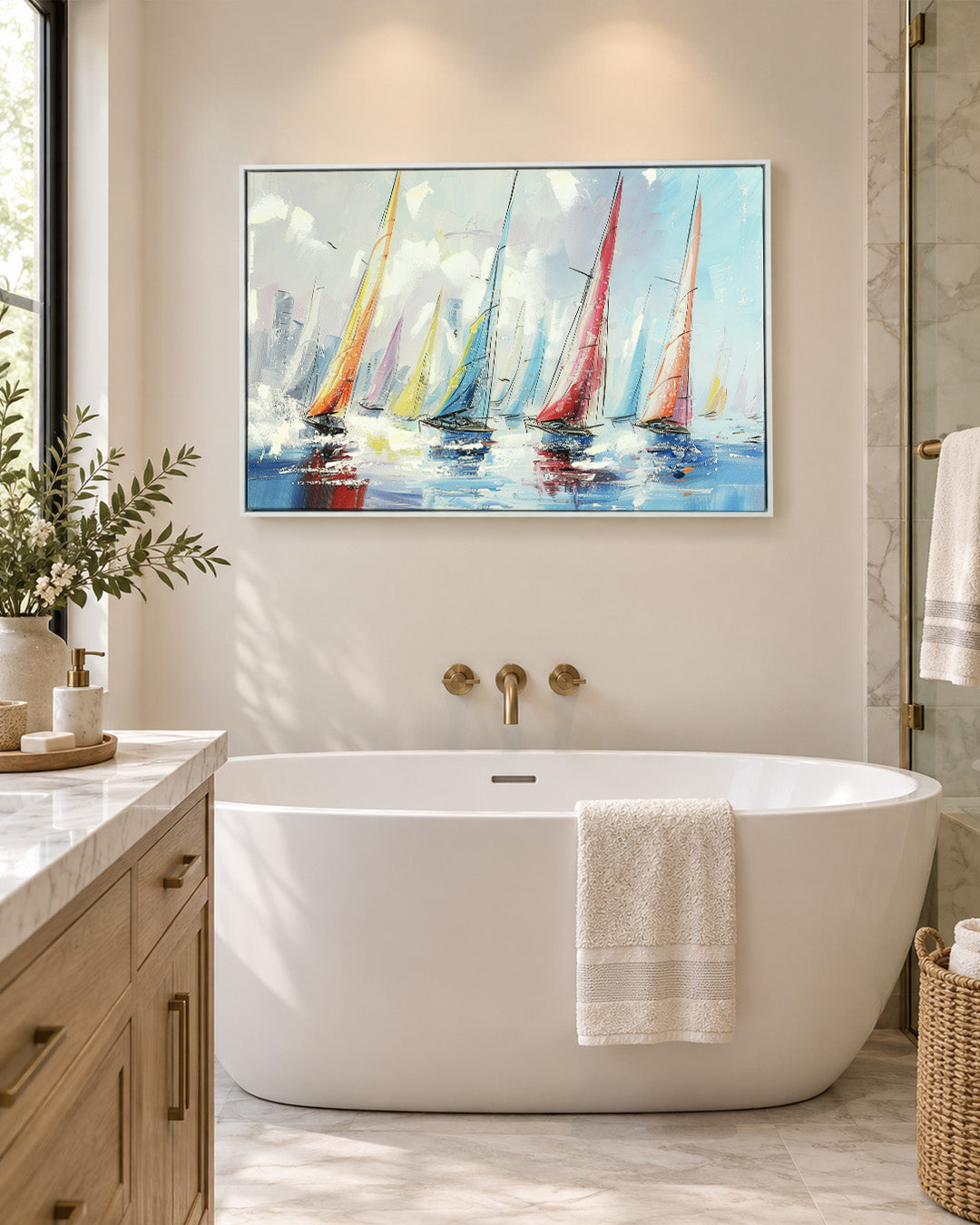 Chasing Horizons sailing boat resin wall art in a bathroom