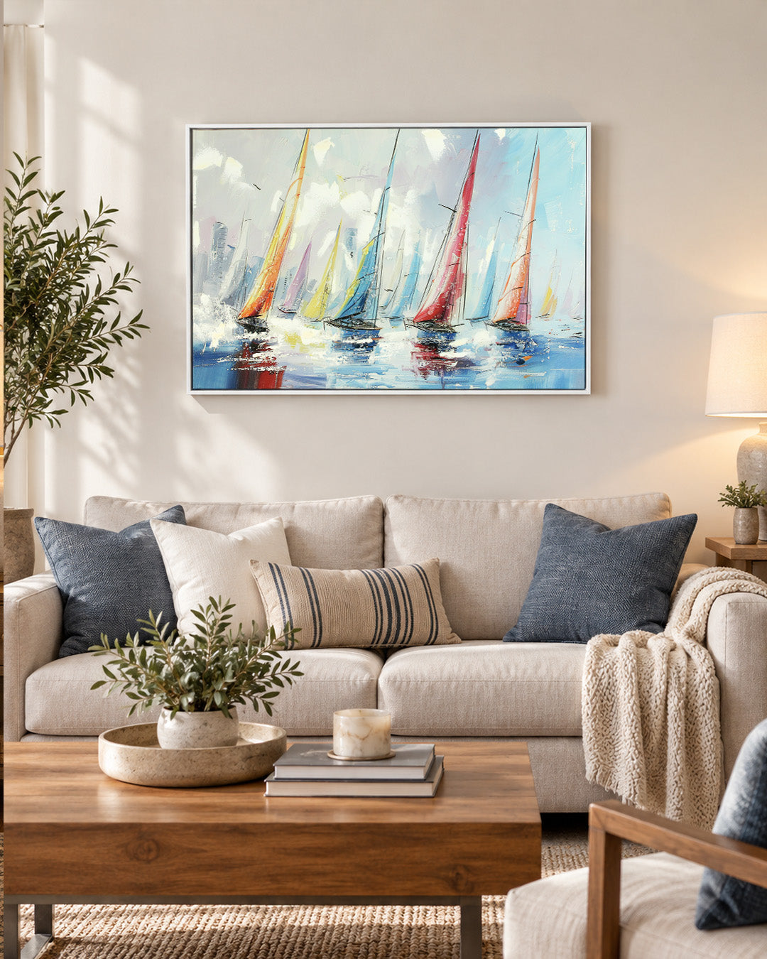 Chasing Horizons sailing boat resin wall art in a living room above a sofa
