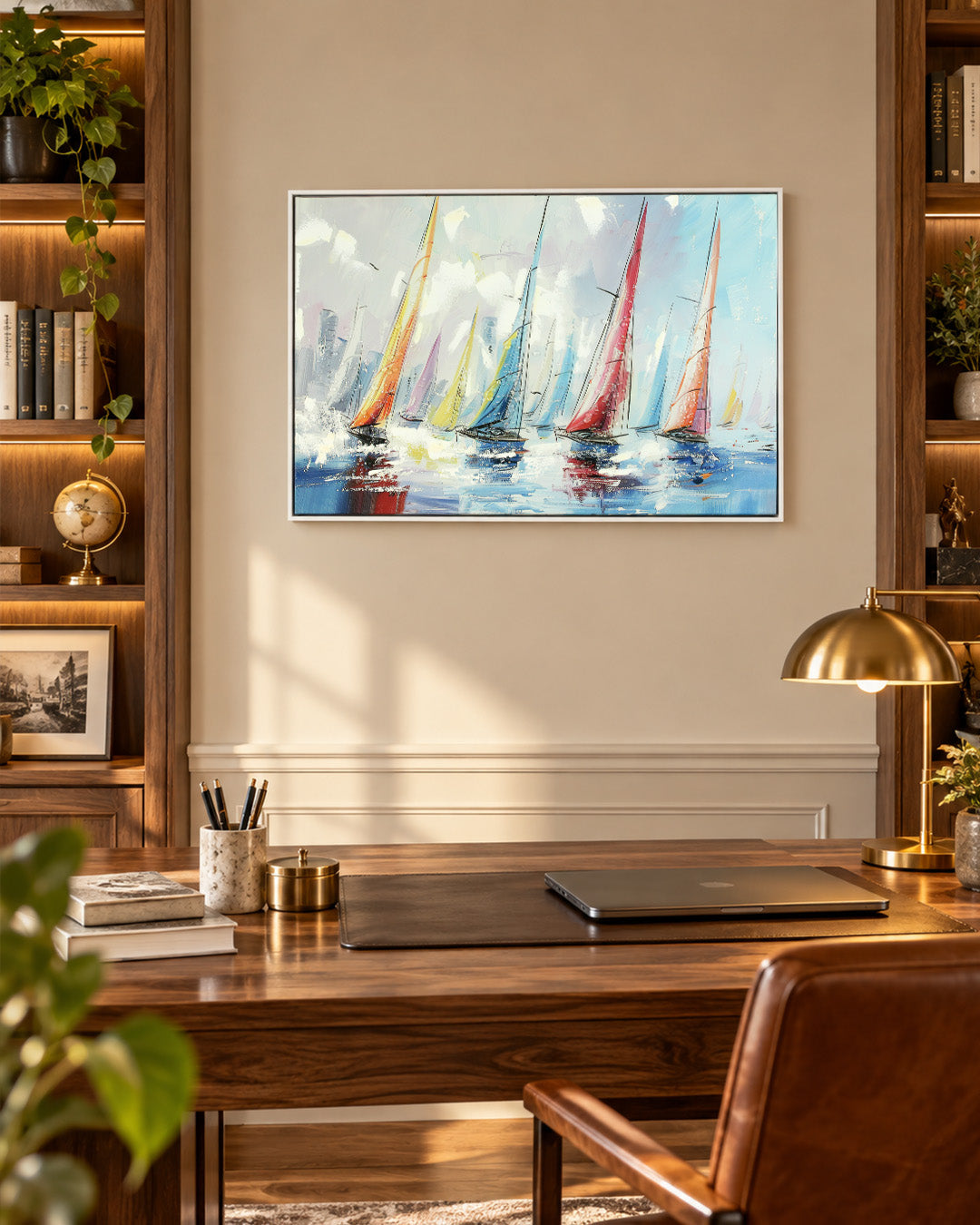 Chasing Horizons sailing boat resin wall art in a home office